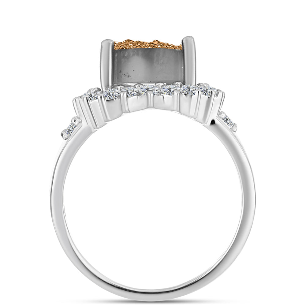 Anillo de Plata con Drusa Dorada y Topacio Blanco