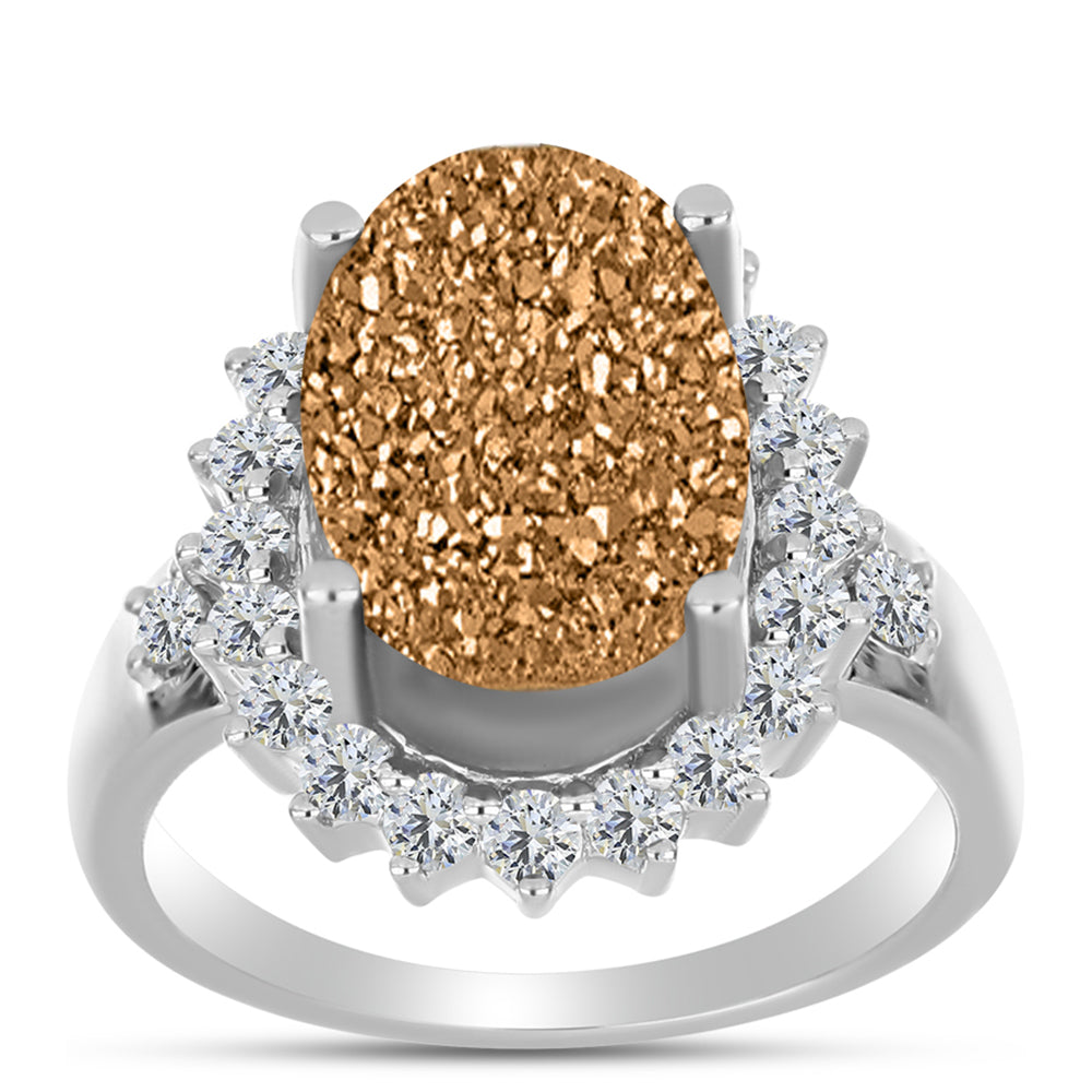 Anillo de Plata con Drusa Dorada y Topacio Blanco