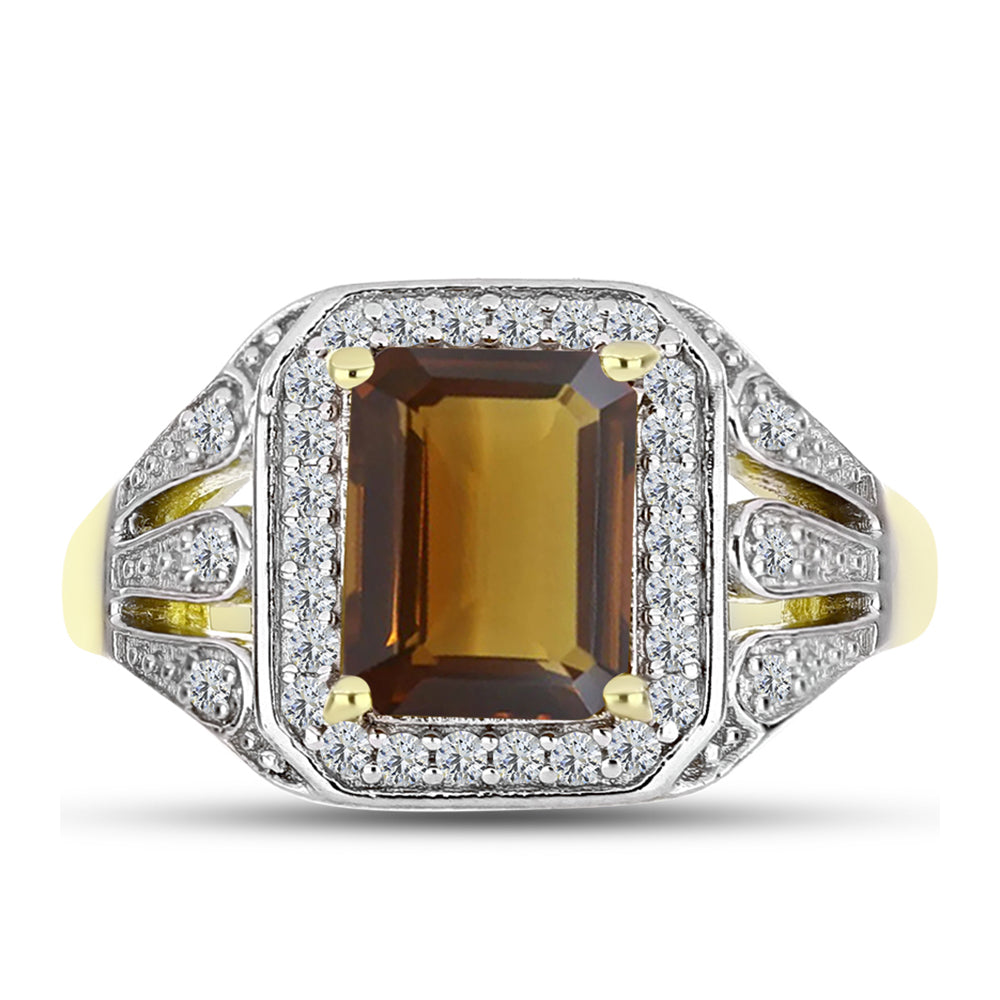 Anillo de Plata Bañada en Oro con Cuarzo Coñac y Topacio Blanco 1 