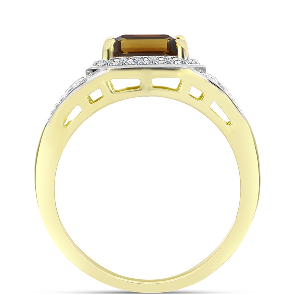 Anillo de Plata Bañada en Oro con Cuarzo Coñac y Topacio Blanco