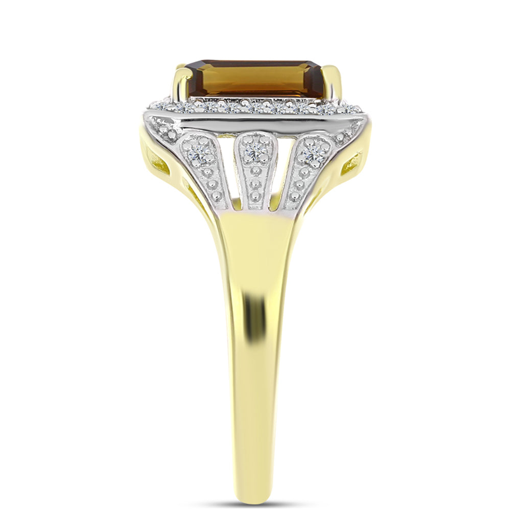 Anillo de Plata Bañada en Oro con Cuarzo Coñac y Topacio Blanco