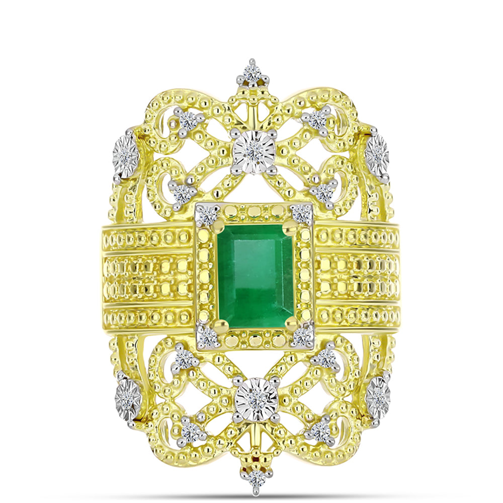 Anillo de Plata Bañada en Oro con Esmeralda de Brasil y Topacio Blanco 1 