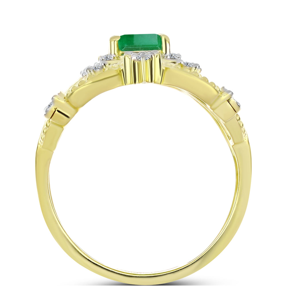 Anillo de Plata Bañada en Oro con Esmeralda de Brasil y Topacio Blanco