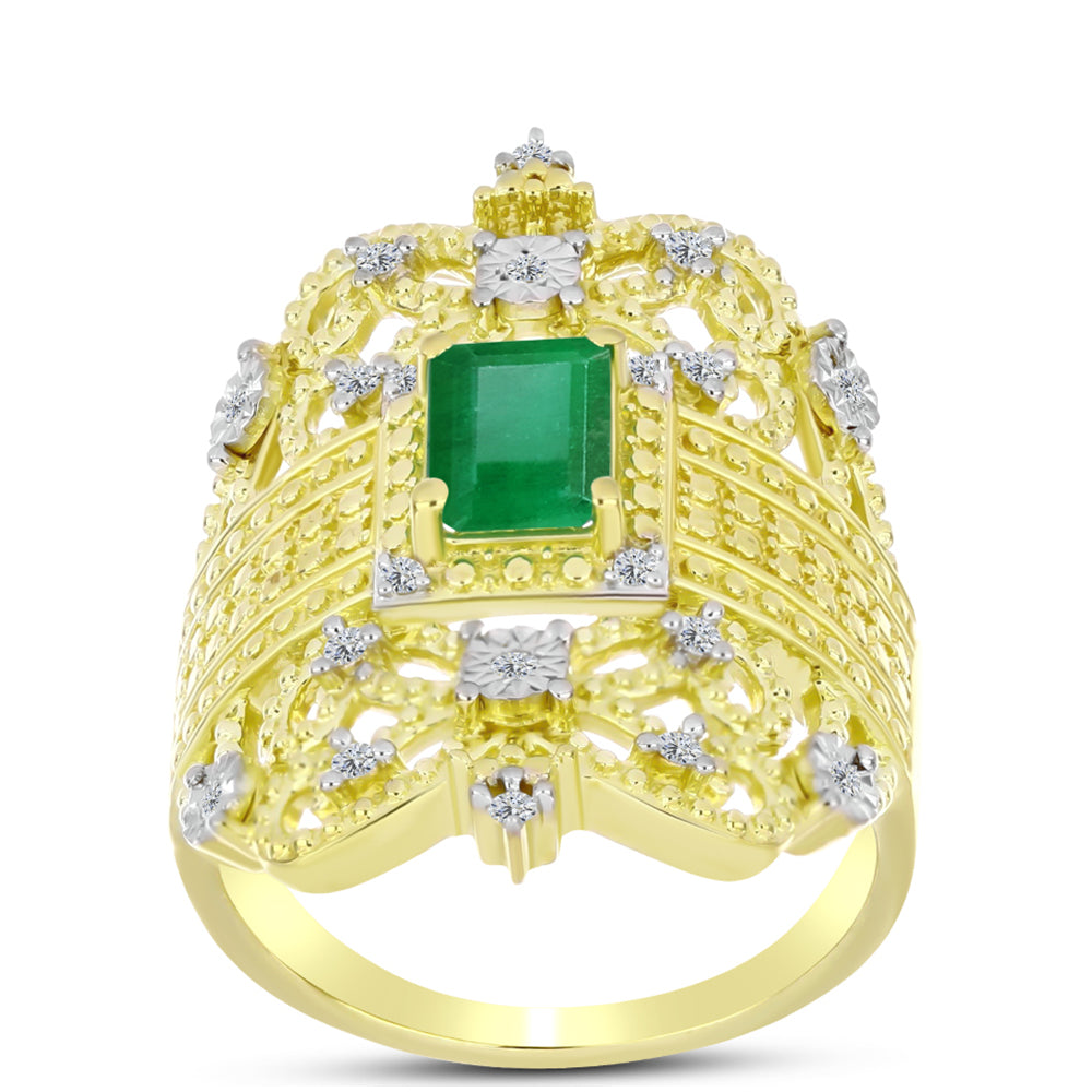 Anillo de Plata Bañada en Oro con Esmeralda de Brasil y Topacio Blanco