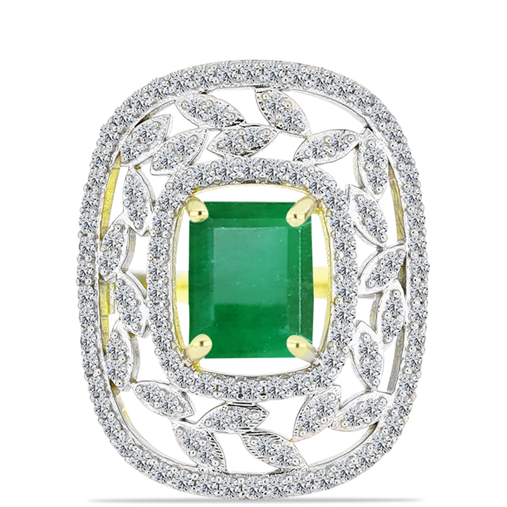Anillo de Plata Bañada en Oro con Esmeralda de Brasil y Topacio Blanco 1 