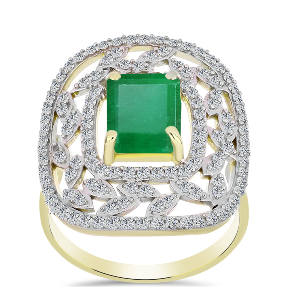 Anillo de Plata Bañada en Oro con Esmeralda de Brasil y Topacio Blanco
