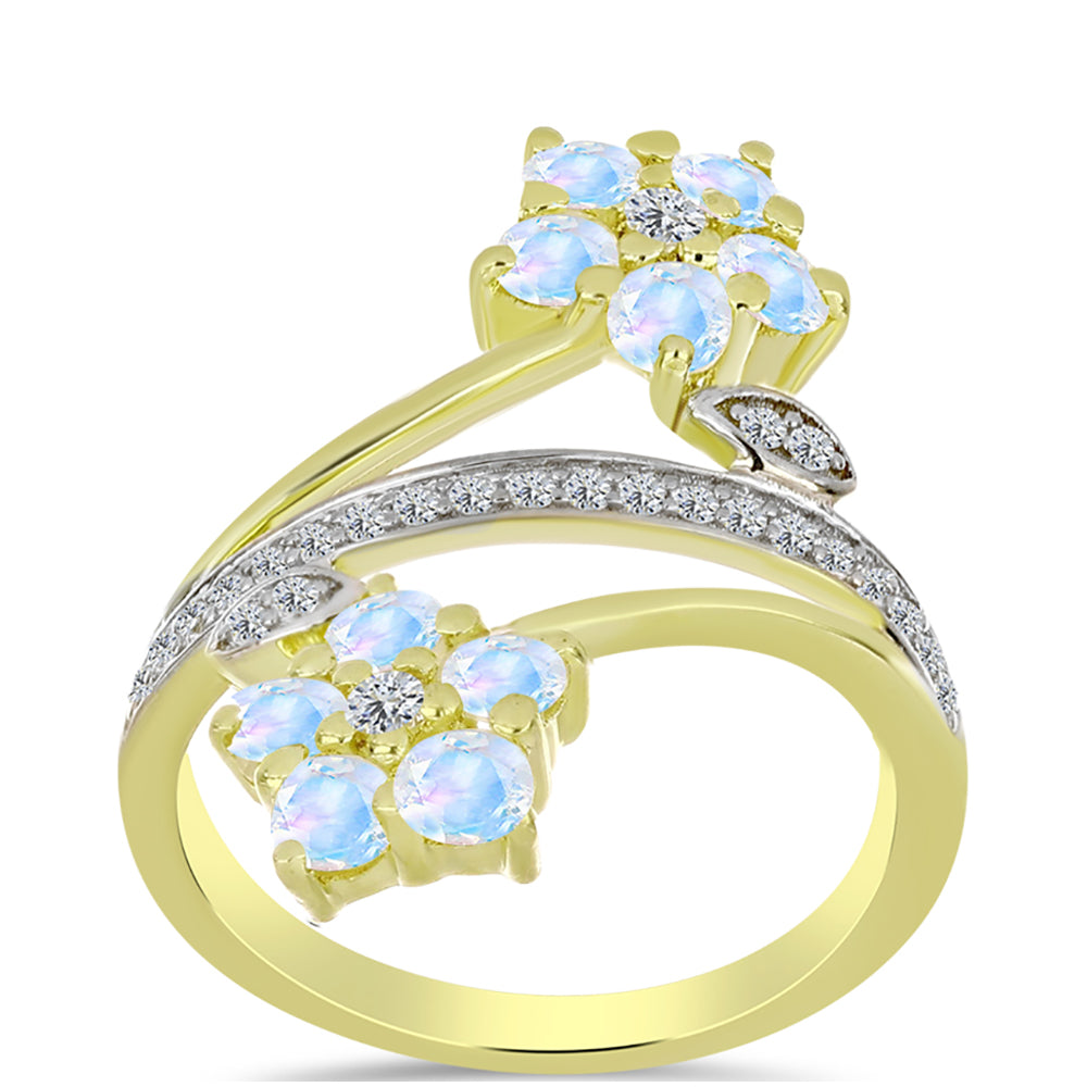Anillo de Plata Bañada en Oro con Piedra Lunar Arco Iris y Topacio Blanco