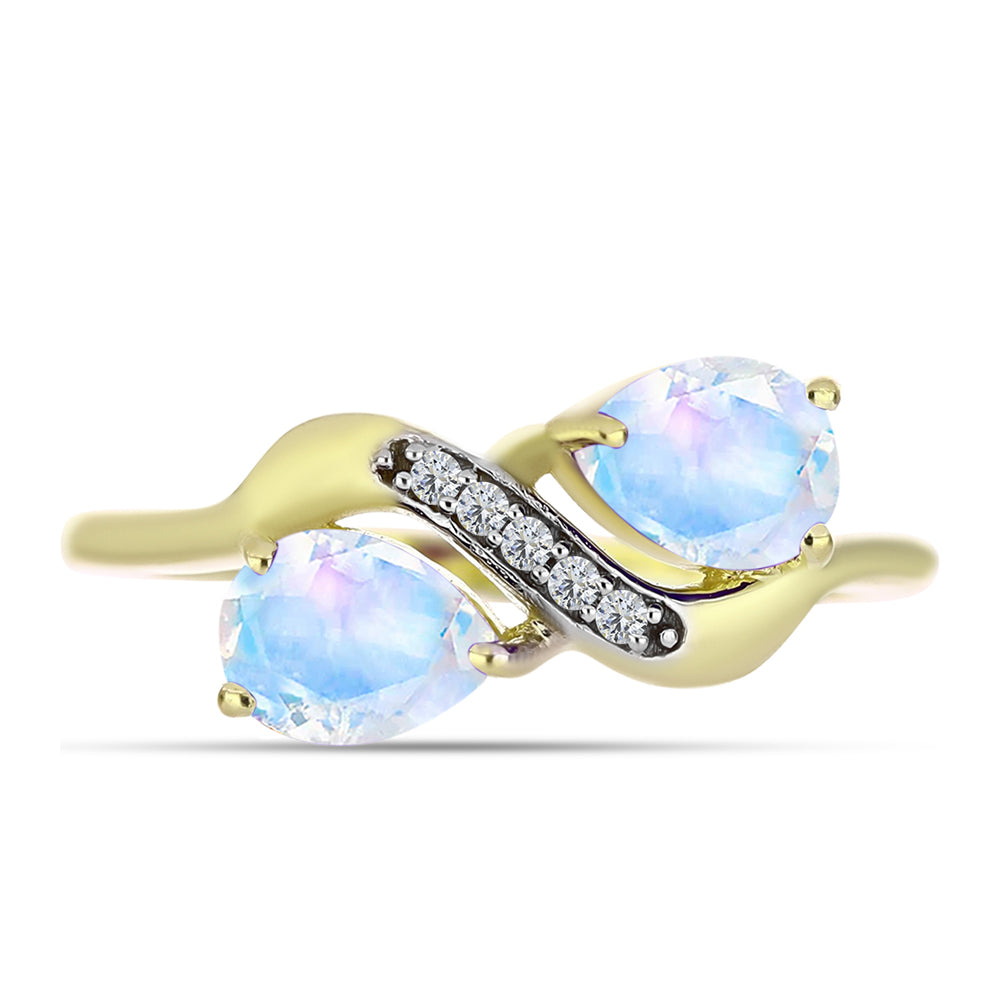 Anillo de Plata Bañada en Oro con Piedra Lunar Arco Iris y Topacio Blanco 1 