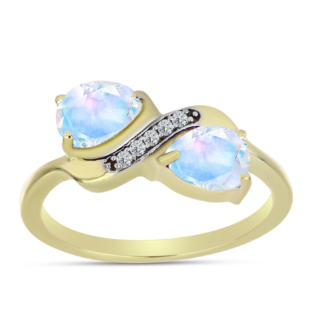 Anillo de Plata Bañada en Oro con Piedra Lunar Arco Iris y Topacio Blanco