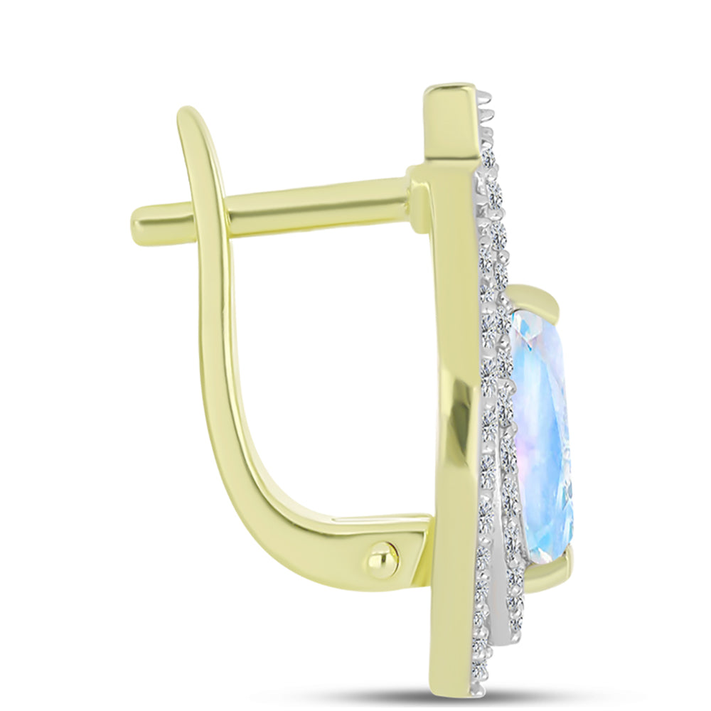 Pendientes de Plata Bañada en Oro con Piedra Lunar Arco Iris y Topacio Blanco