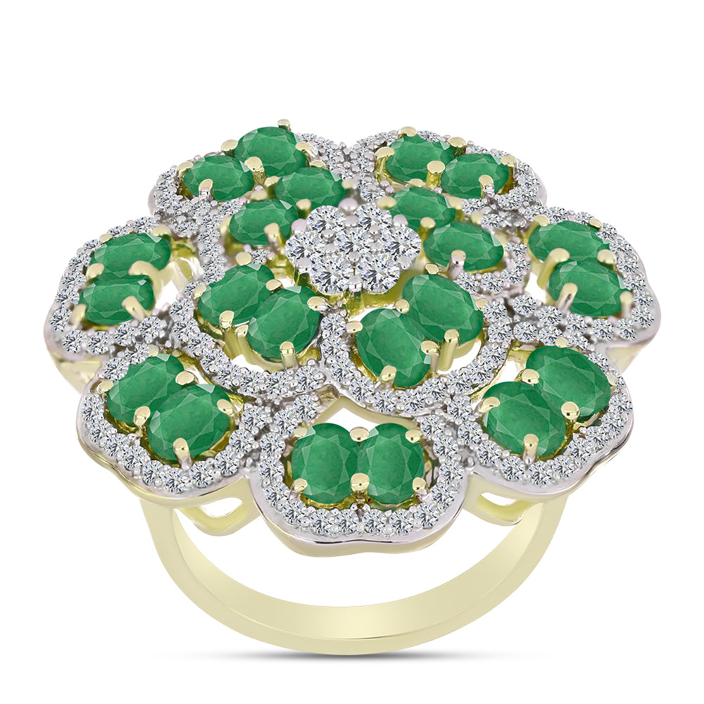 Anillo de Plata Bañada en Oro con Esmeralda de Brasil y Topacio Blanco