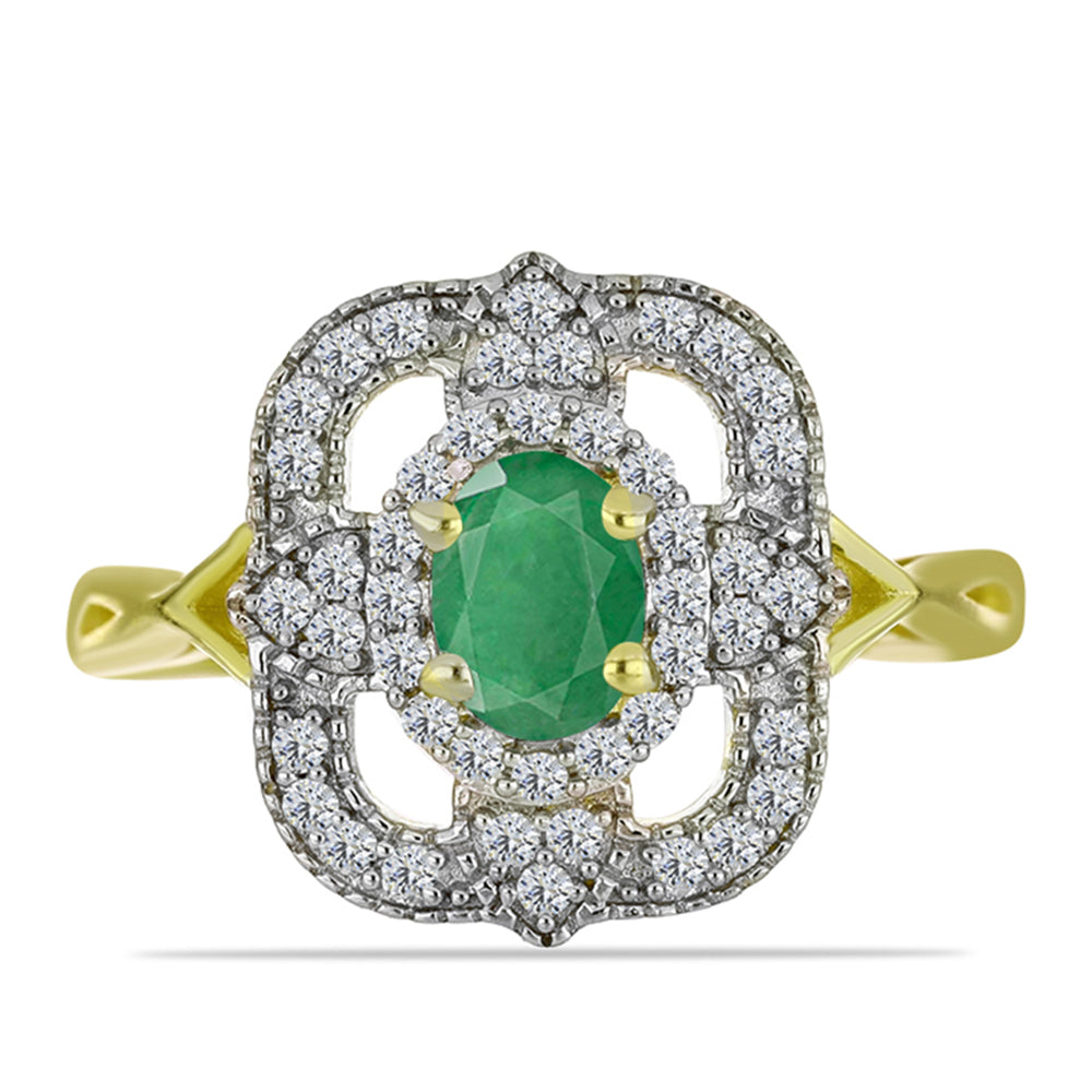 Anillo de Plata Bañada en Oro con Esmeralda de Brasil y Topacio Blanco 1 