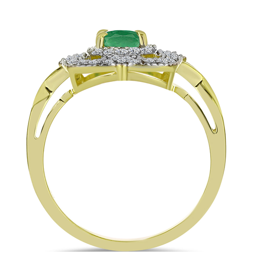 Anillo de Plata Bañada en Oro con Esmeralda de Brasil y Topacio Blanco