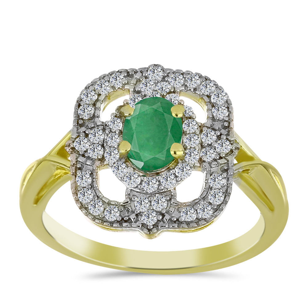 Anillo de Plata Bañada en Oro con Esmeralda de Brasil y Topacio Blanco 3 