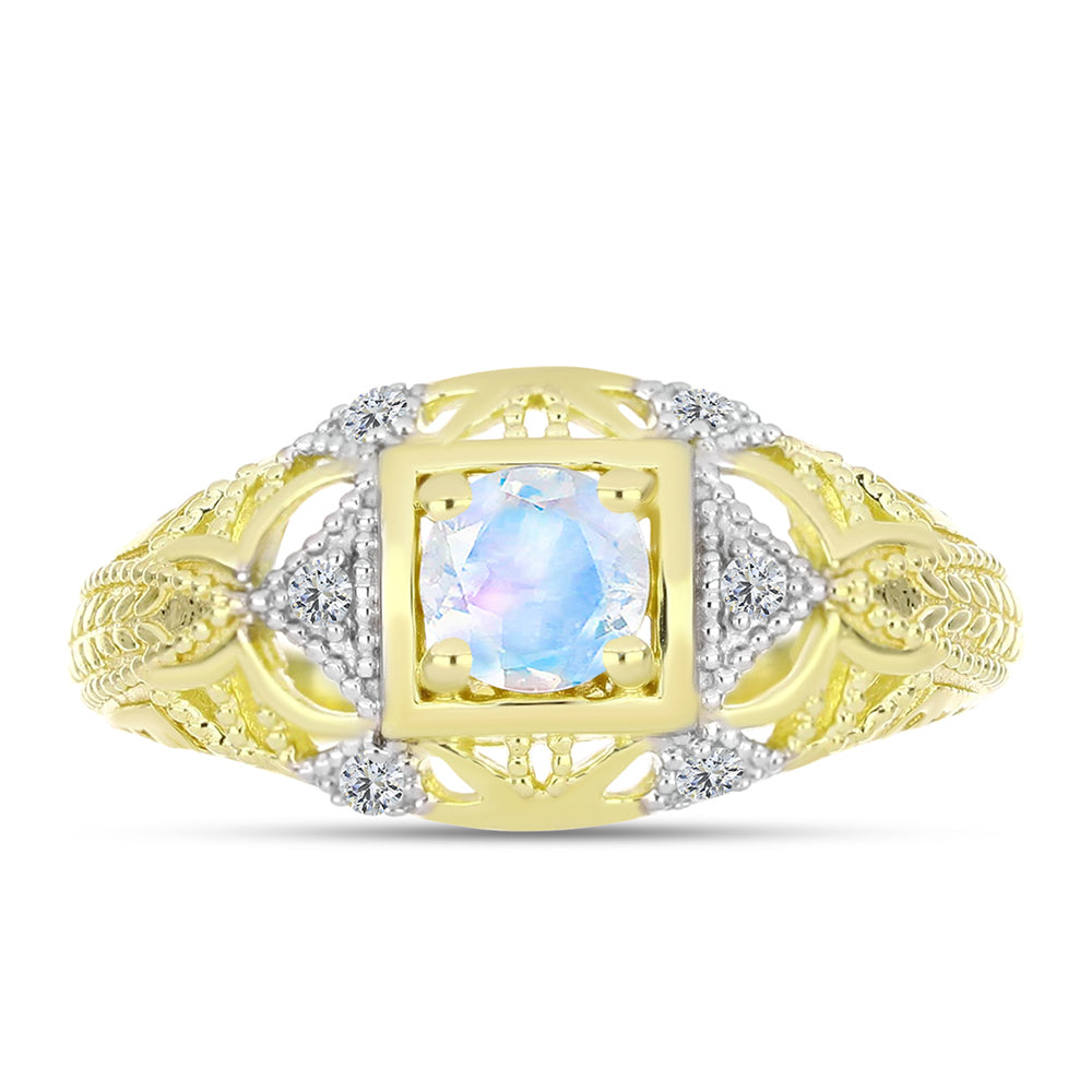 Anillo de Plata Bañada en Oro con Piedra Lunar Arco Iris y Topacio Blanco 1 
