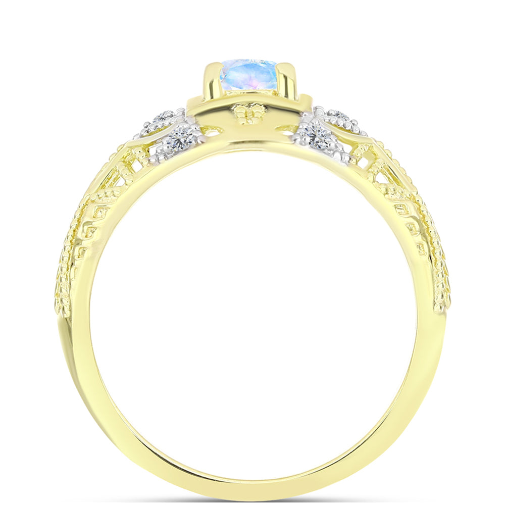 Anillo de Plata Bañada en Oro con Piedra Lunar Arco Iris y Topacio Blanco 2 