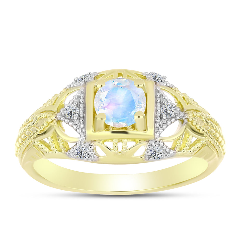 Anillo de Plata Bañada en Oro con Piedra Lunar Arco Iris y Topacio Blanco