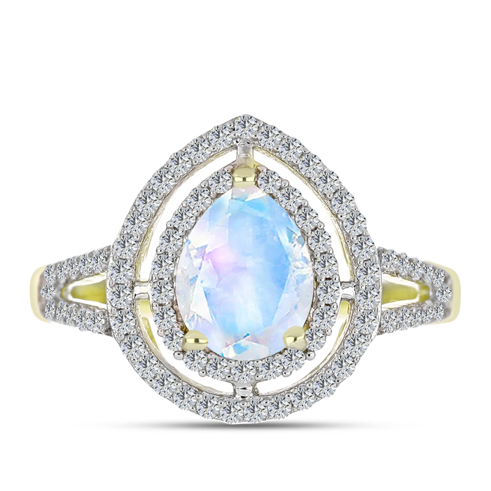 Anillo de Plata Bañada en Oro con Piedra Lunar Arco Iris y Topacio Blanco