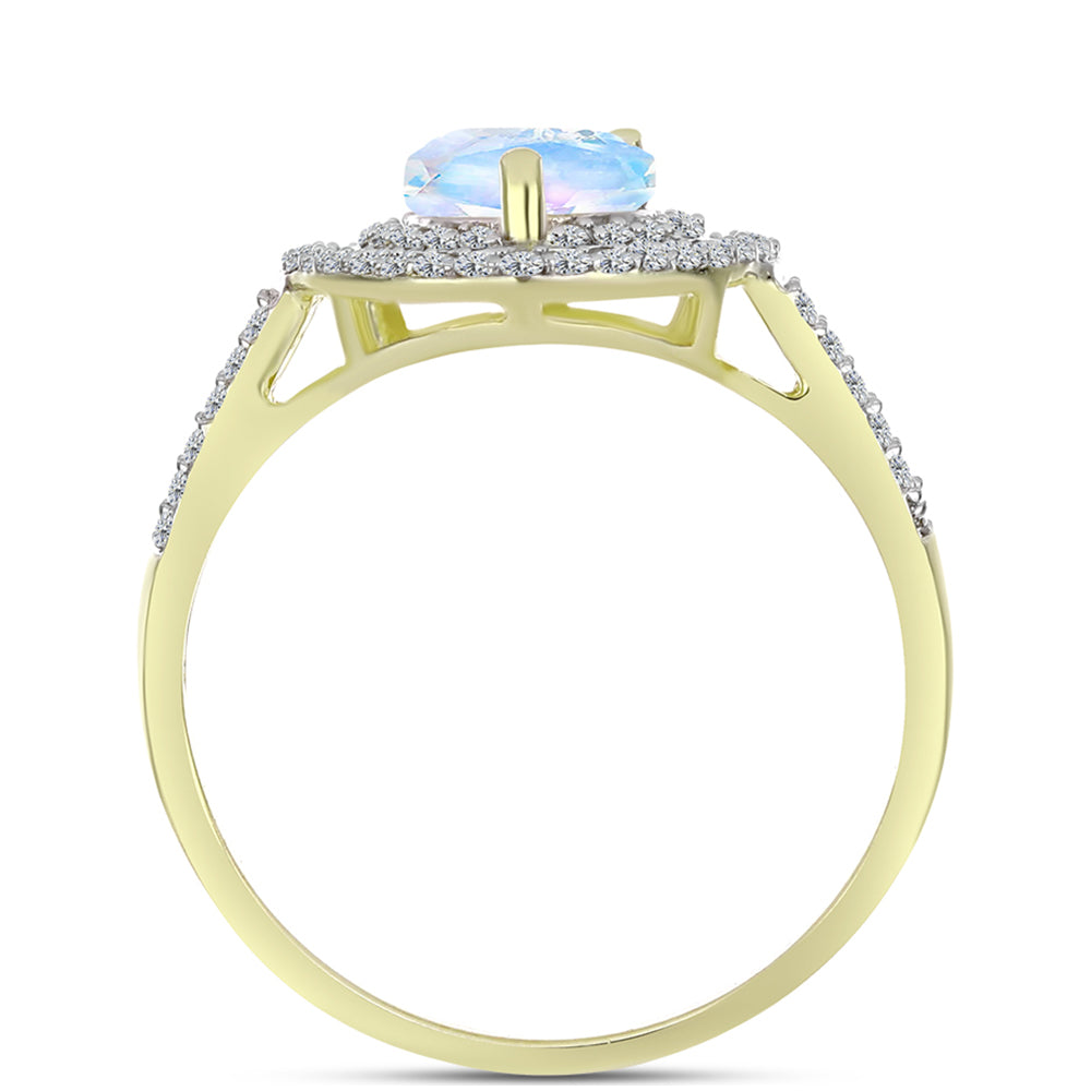 Anillo de Plata Bañada en Oro con Piedra Lunar Arco Iris y Topacio Blanco 2 