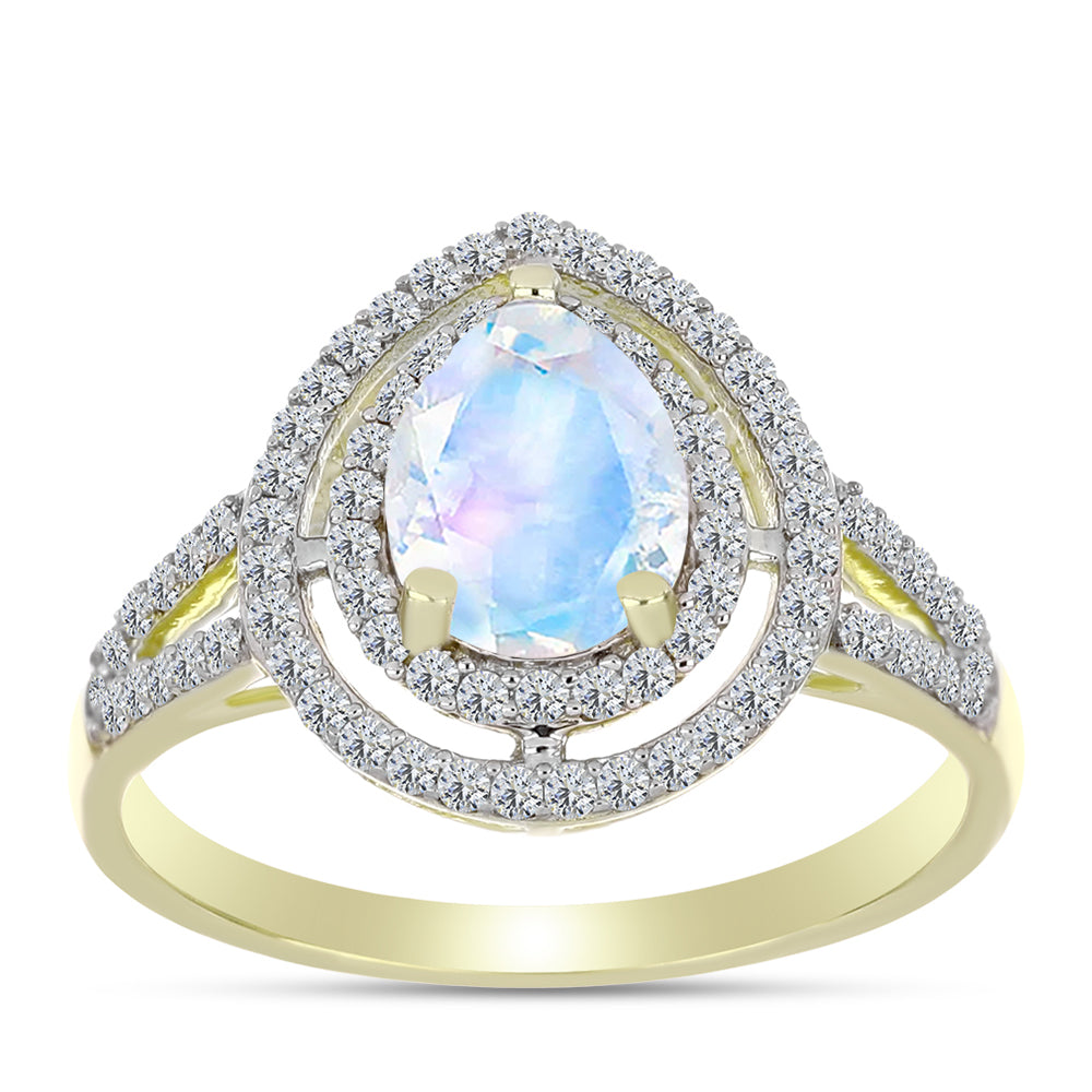 Anillo de Plata Bañada en Oro con Piedra Lunar Arco Iris y Topacio Blanco