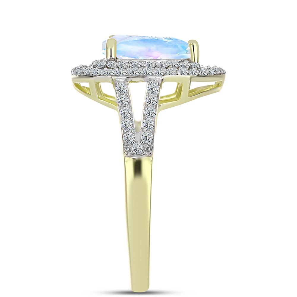 Anillo de Plata Bañada en Oro con Piedra Lunar Arco Iris y Topacio Blanco