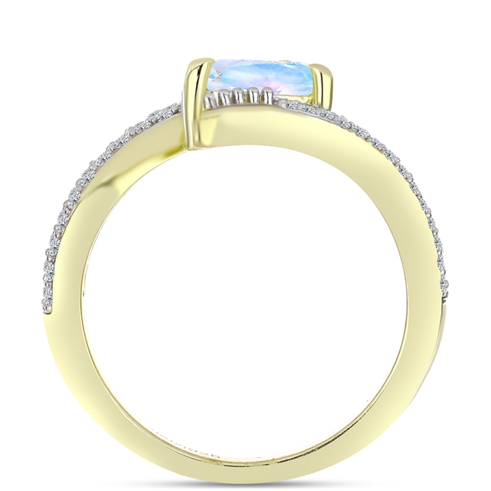Anillo de Plata Bañada en Oro con Piedra Lunar Arco Iris y Topacio Blanco