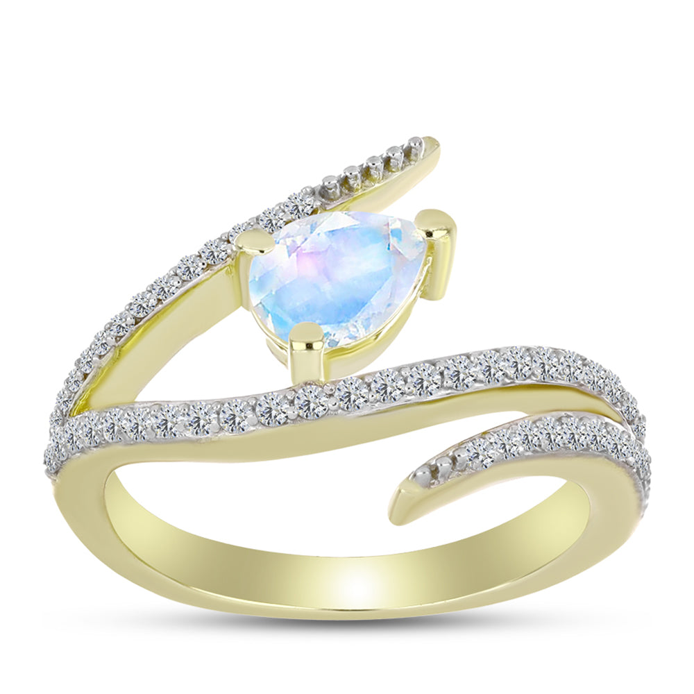 Anillo de Plata Bañada en Oro con Piedra Lunar Arco Iris y Topacio Blanco 3 