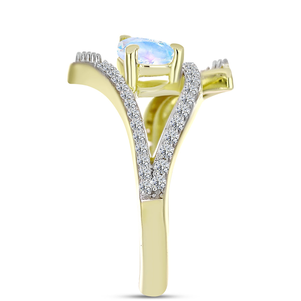 Anillo de Plata Bañada en Oro con Piedra Lunar Arco Iris y Topacio Blanco