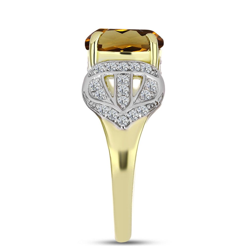 Anillo de Plata Bañada en Oro con Cuarzo Coñac y Topacio Blanco 4 