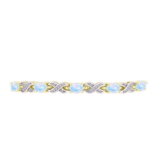 Pulsera de Plata Bañada en Oro con Piedra Lunar Arco Iris y Topacio Blanco