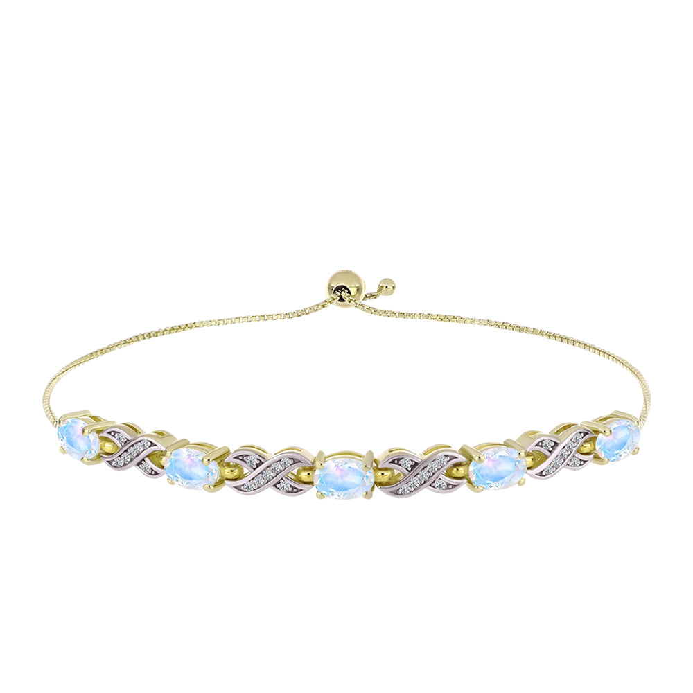 Pulsera de Plata Bañada en Oro con Piedra Lunar Arco Iris y Topacio Blanco