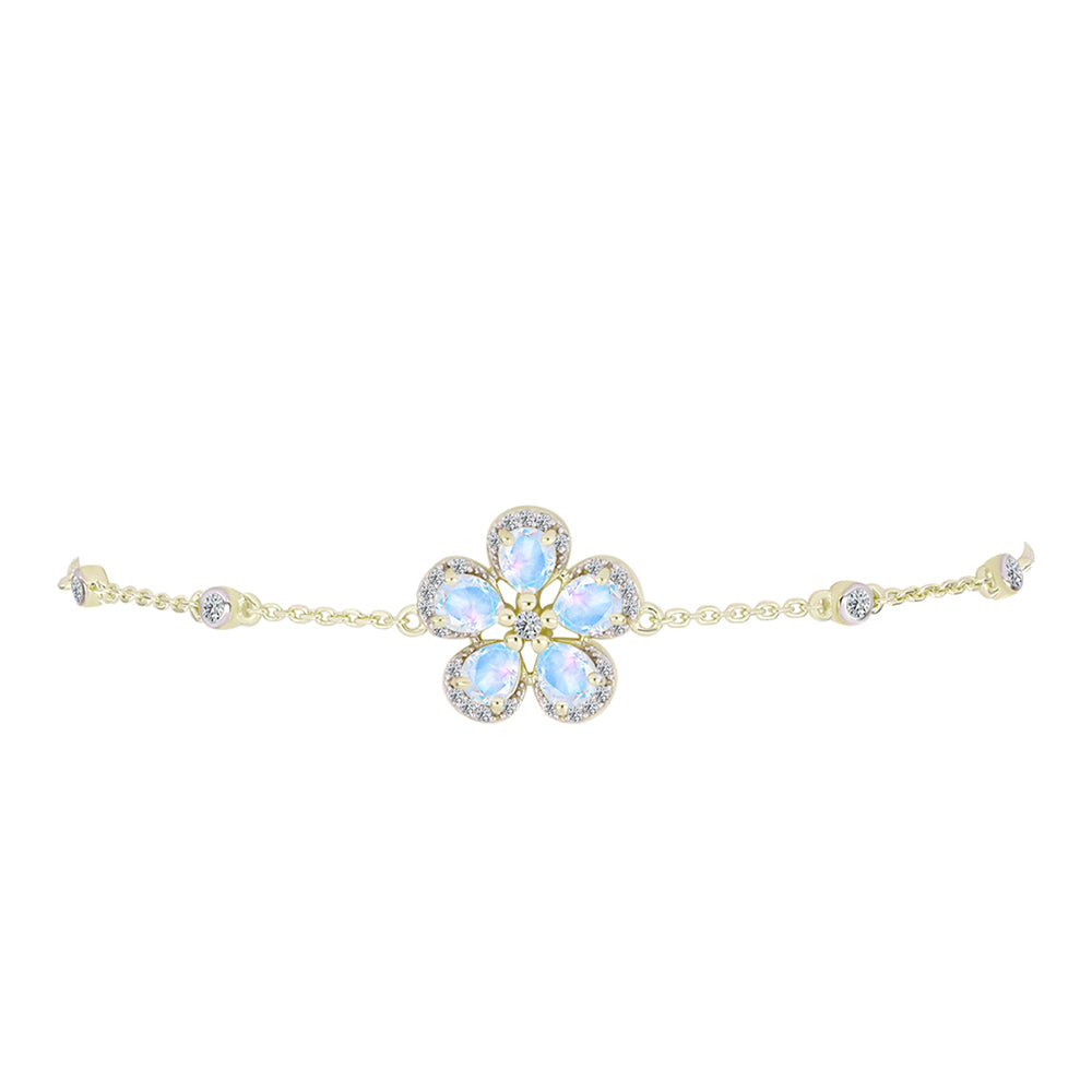 Pulsera de Plata Bañada en Oro con Piedra Lunar Arco Iris y Topacio Blanco