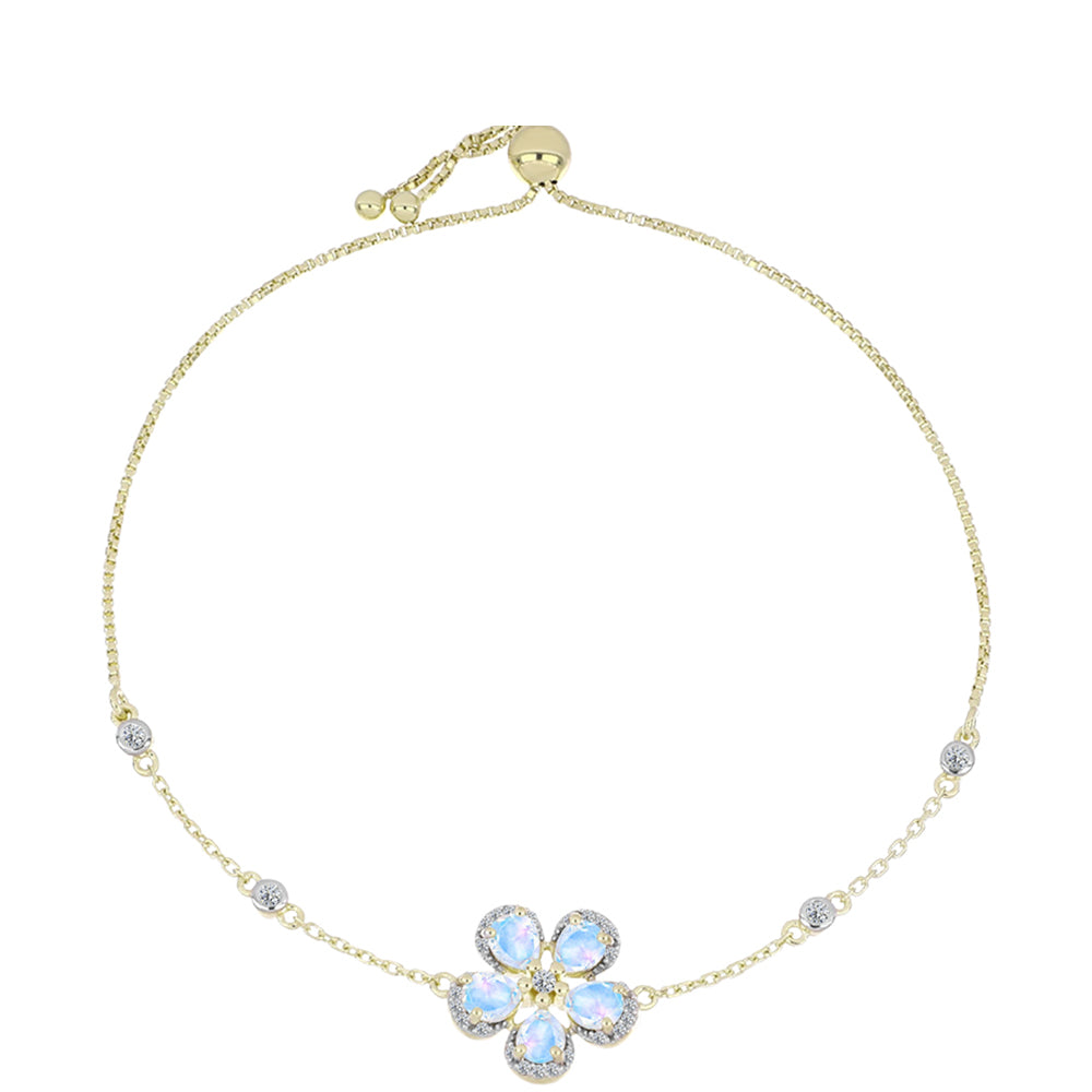 Pulsera de Plata Bañada en Oro con Piedra Lunar Arco Iris y Topacio Blanco