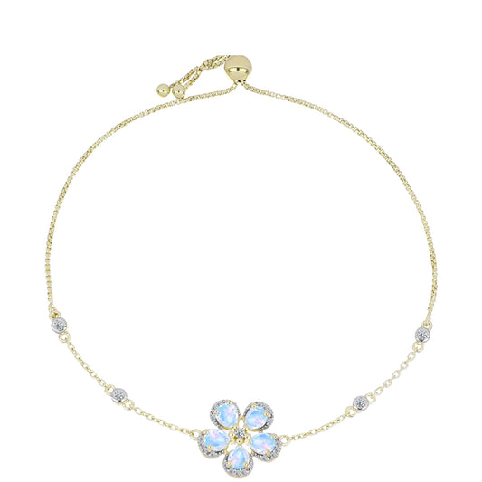 Pulsera de Plata Bañada en Oro con Piedra Lunar Arco Iris y Topacio Blanco