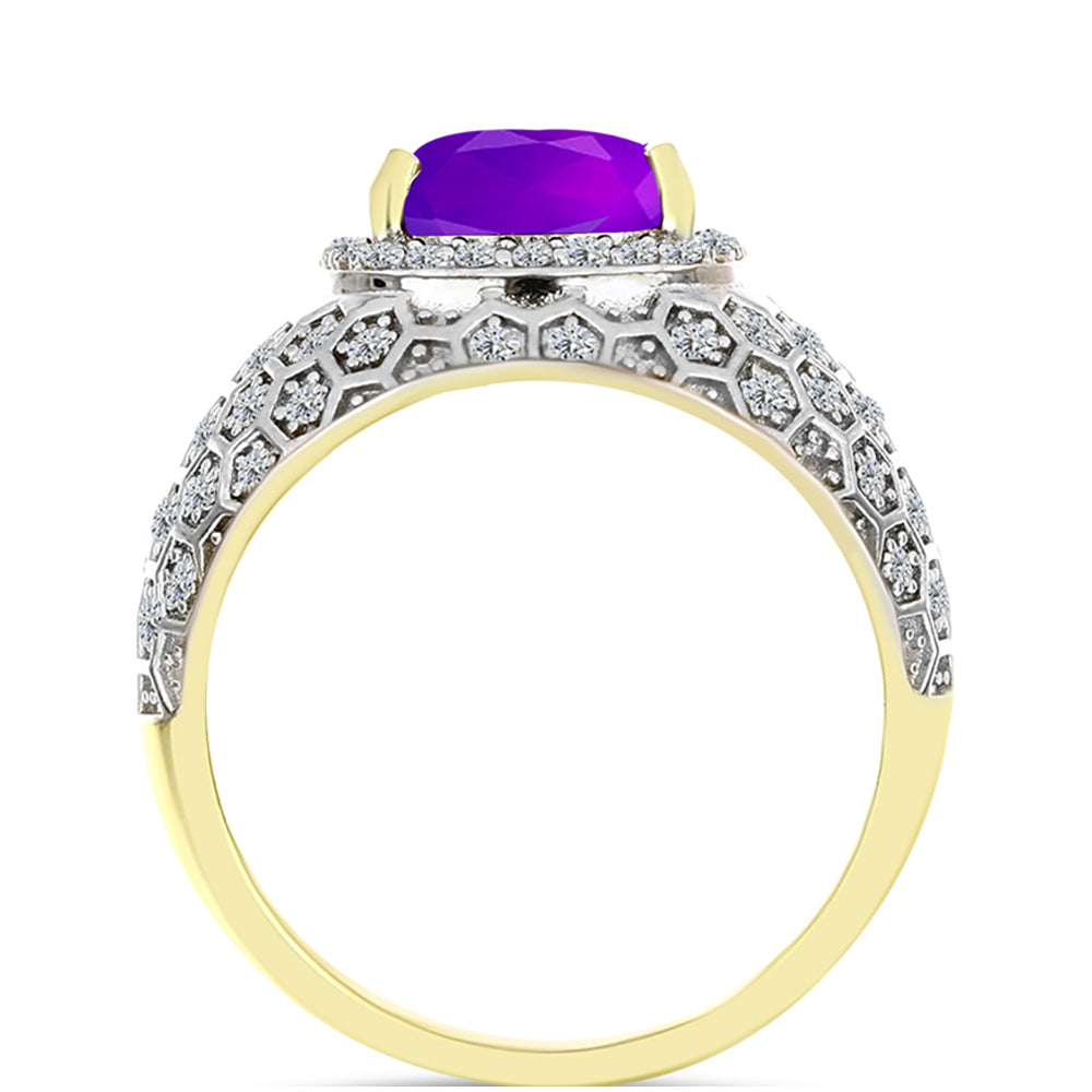 Anillo de Plata Bañada en Oro con Ágata Púrpura y Topacio Blanco