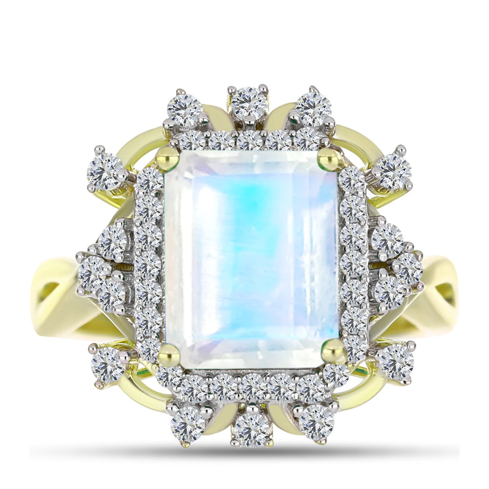 Anillo de Plata Bañada en Oro con Piedra Lunar Arco Iris y Topacio Blanco 1 