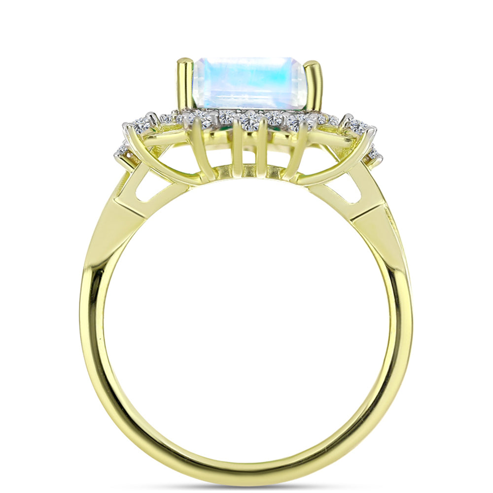 Anillo de Plata Bañada en Oro con Piedra Lunar Arco Iris y Topacio Blanco 2 