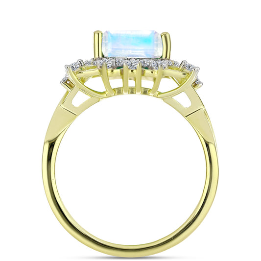 Anillo de Plata Bañada en Oro con Piedra Lunar Arco Iris y Topacio Blanco