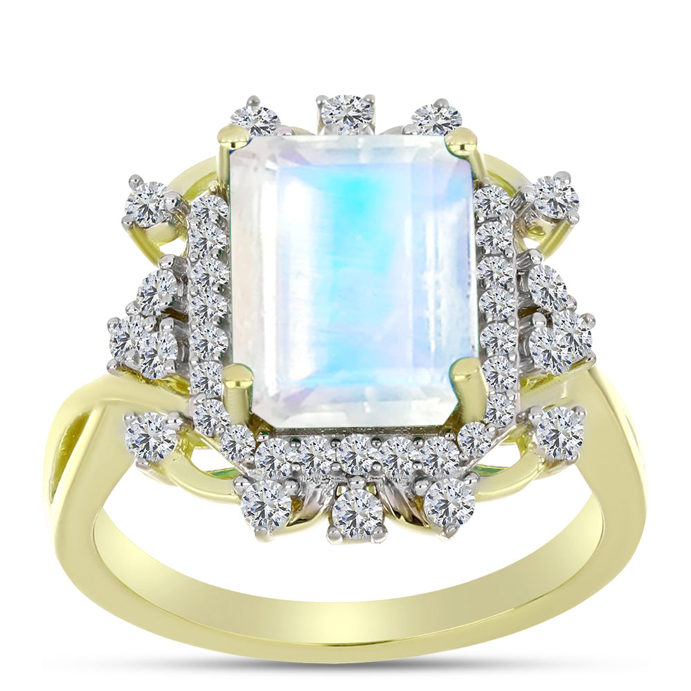 Anillo de Plata Bañada en Oro con Piedra Lunar Arco Iris y Topacio Blanco 3 