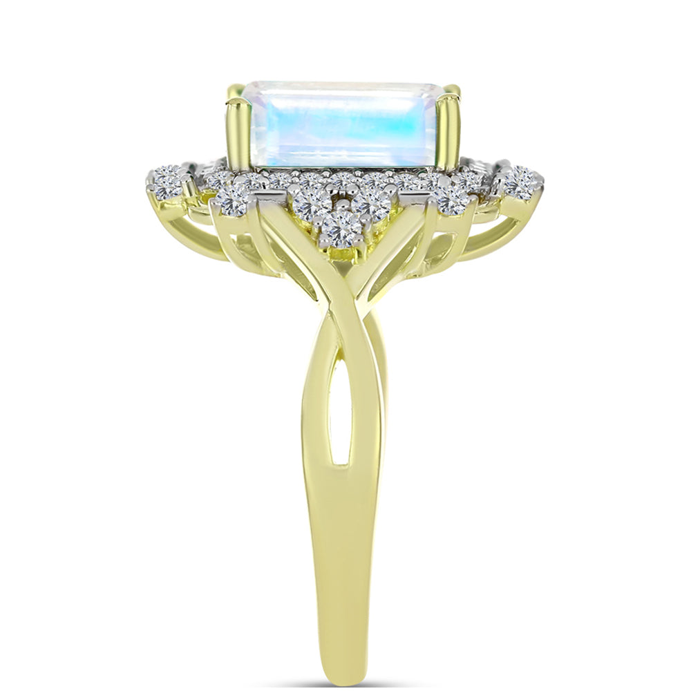 Anillo de Plata Bañada en Oro con Piedra Lunar Arco Iris y Topacio Blanco