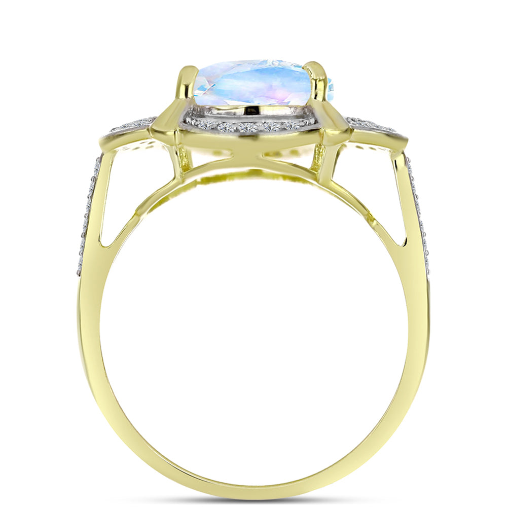 Anillo de Plata Bañada en Oro con Piedra Lunar Arco Iris y Topacio Blanco 2 
