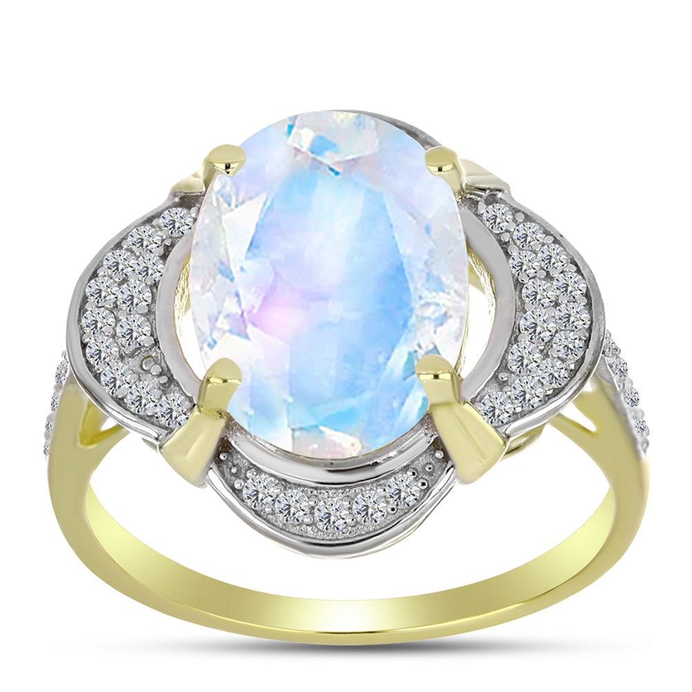 Anillo de Plata Bañada en Oro con Piedra Lunar Arco Iris y Topacio Blanco