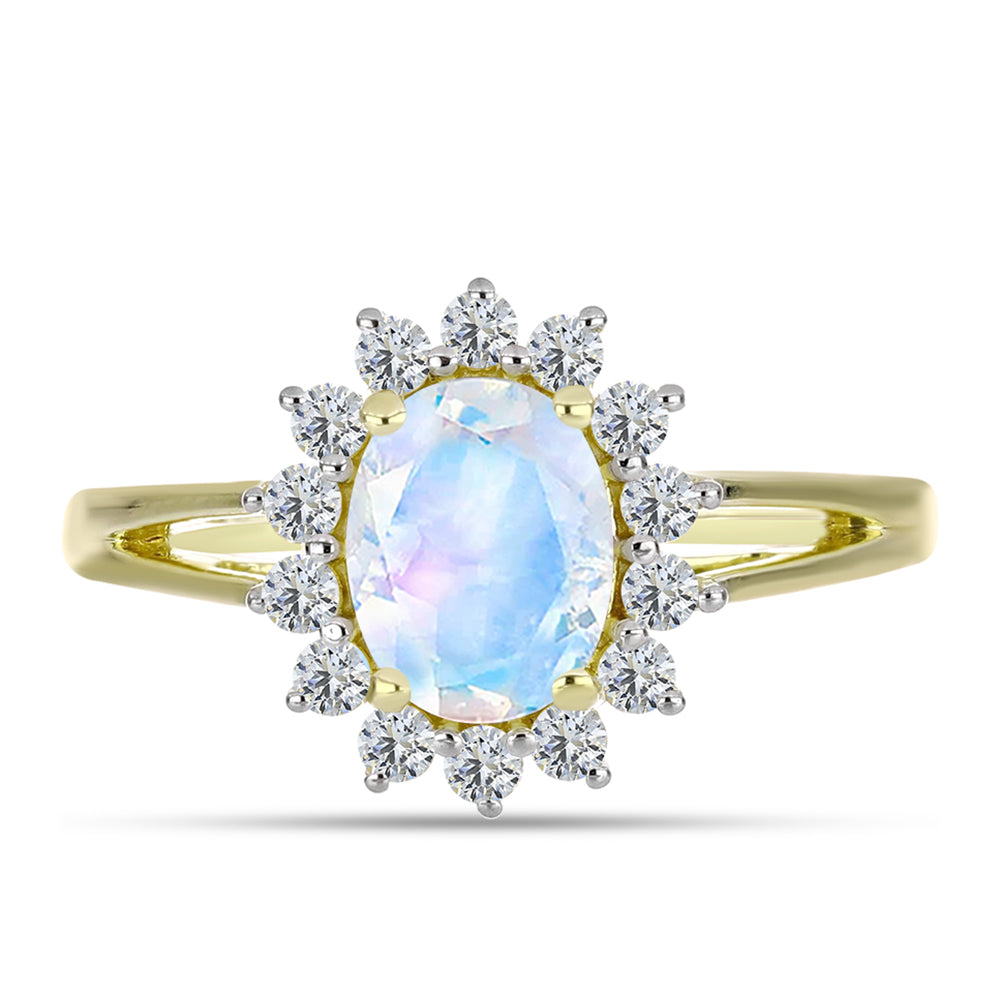 Anillo de Plata Bañada en Oro con Piedra Lunar Arco Iris y Topacio Blanco
