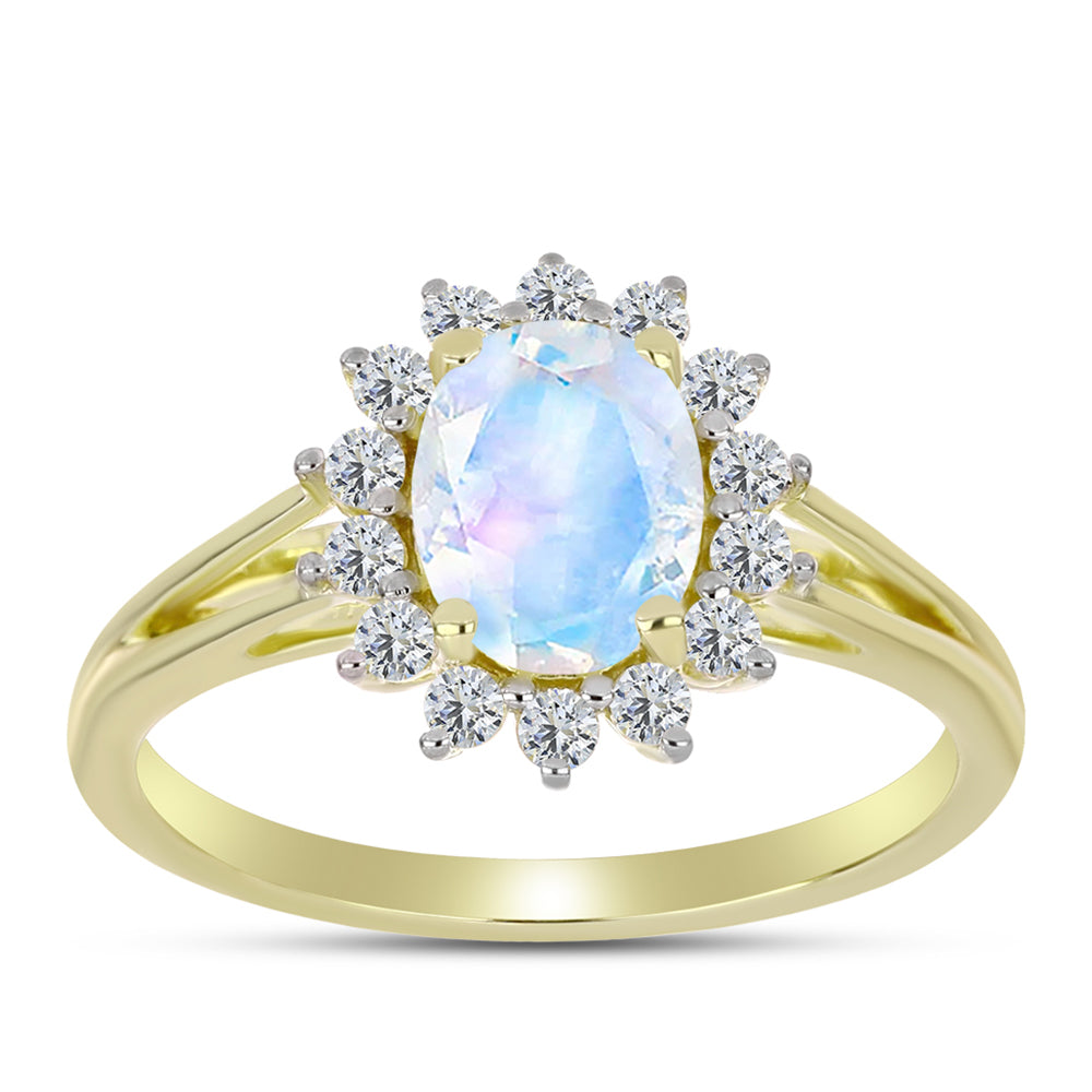 Anillo de Plata Bañada en Oro con Piedra Lunar Arco Iris y Topacio Blanco 3 
