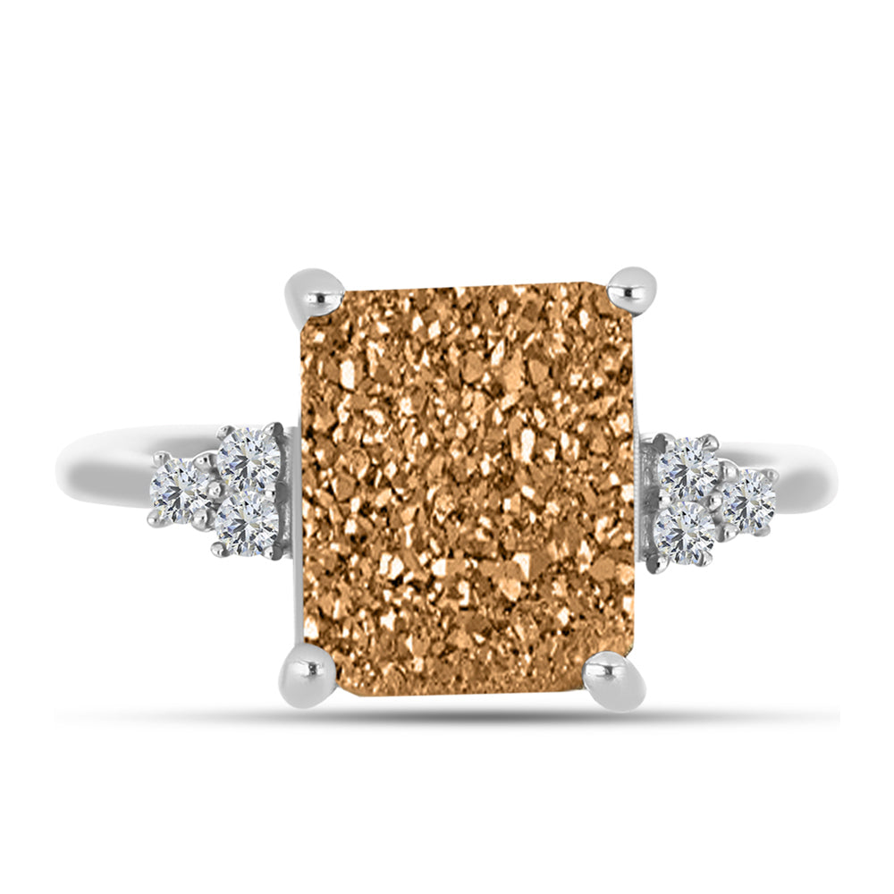Anillo de Plata con Drusa Dorada y Topacio Blanco