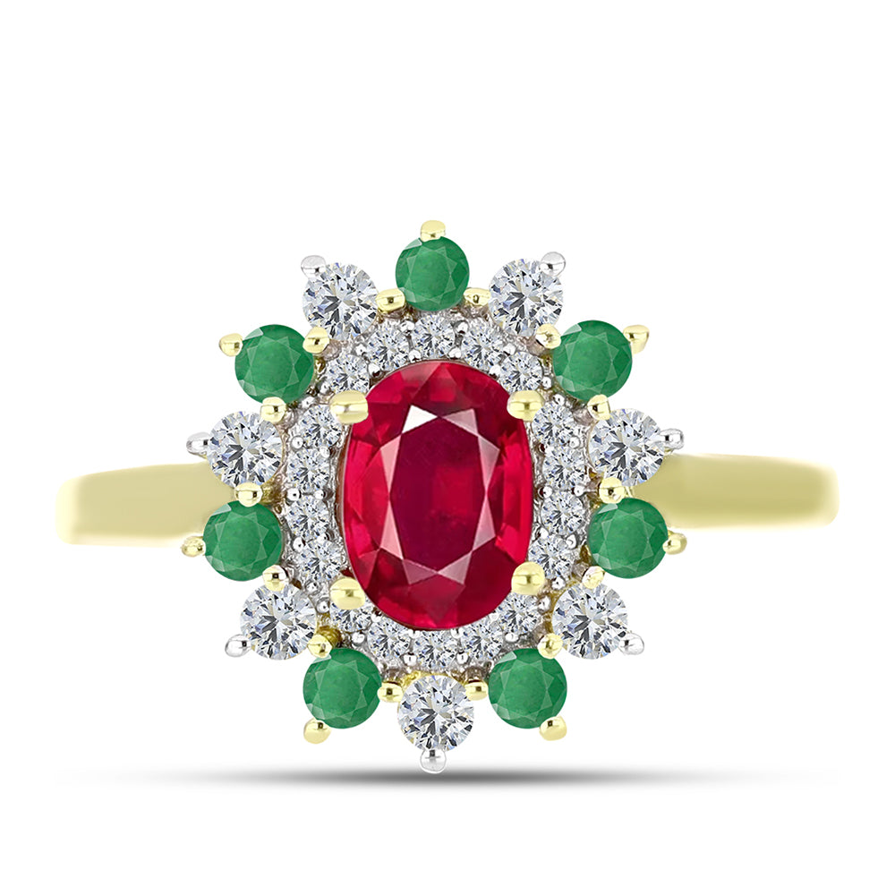 Anillo de Plata Bañada en Oro con Esmeralda de Brasil y Rubí de Madagascar 1 