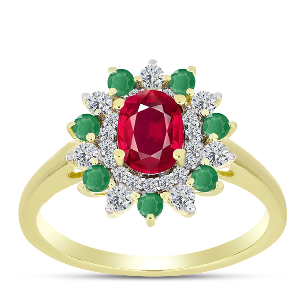 Anillo de Plata Bañada en Oro con Esmeralda de Brasil y Rubí de Madagascar