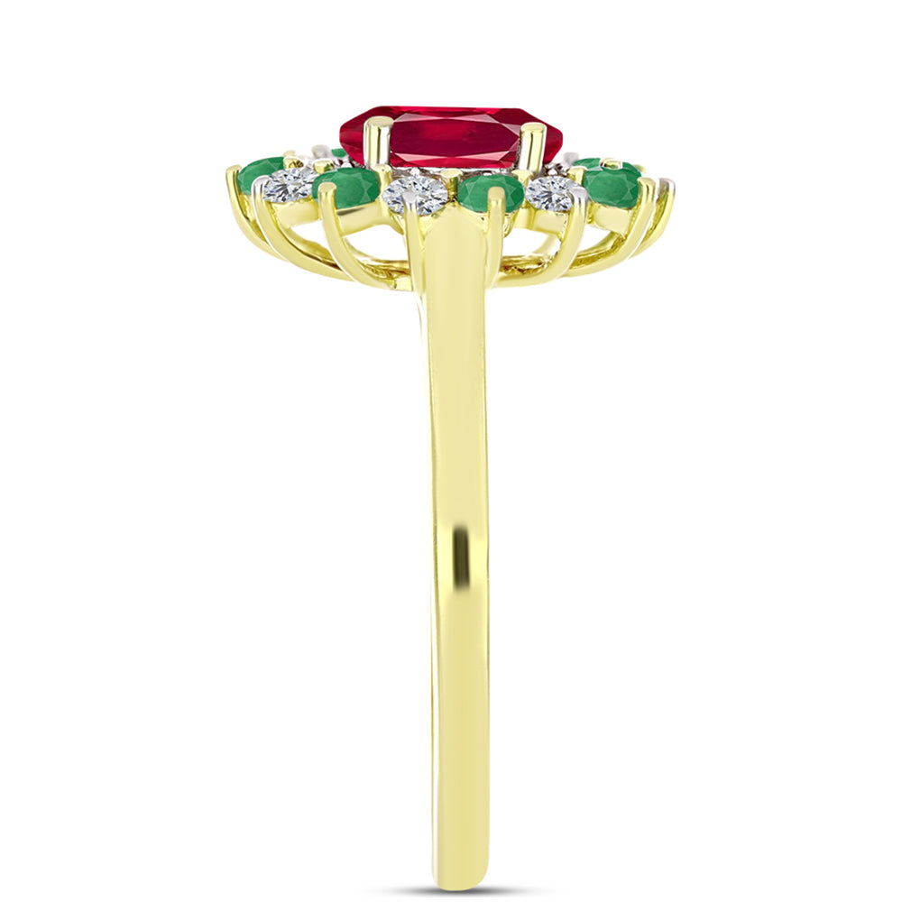 Anillo de Plata Bañada en Oro con Esmeralda de Brasil y Rubí de Madagascar