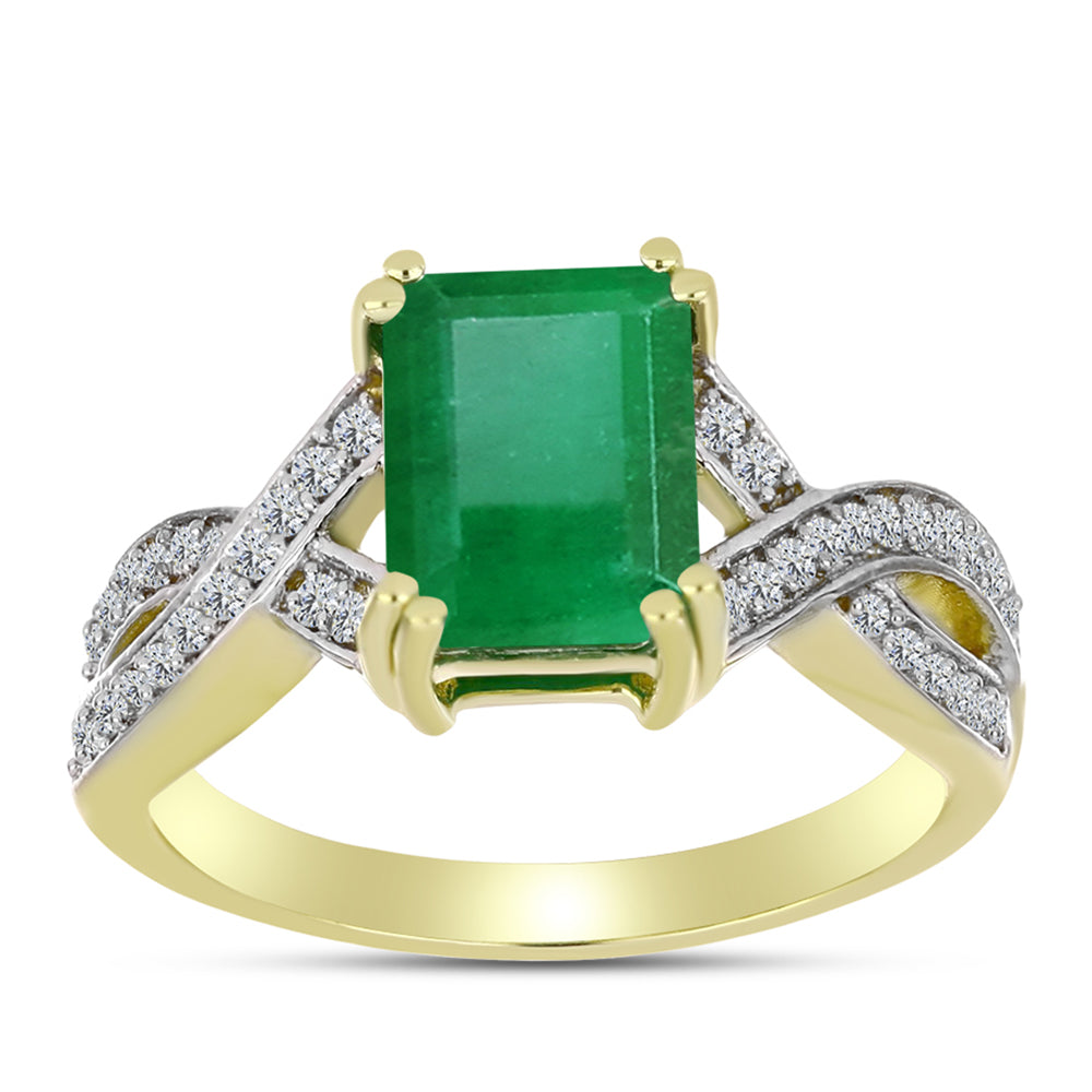 Anillo de Plata Bañada en Oro con Esmeralda de Brasil y Topacio Blanco