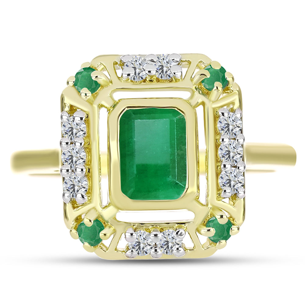 Anillo de Plata Bañada en Oro con Esmeralda de Brasil y Topacio Blanco